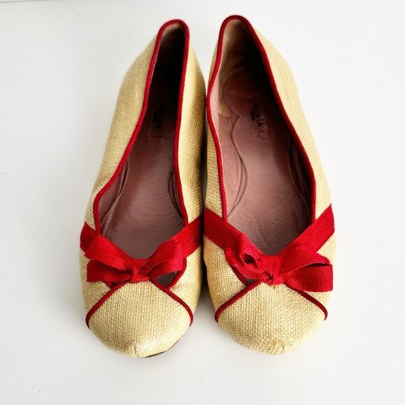 Alaia Raffia Straw ballet flats with red bow detail and trim size 36 - Picture 2 of 9